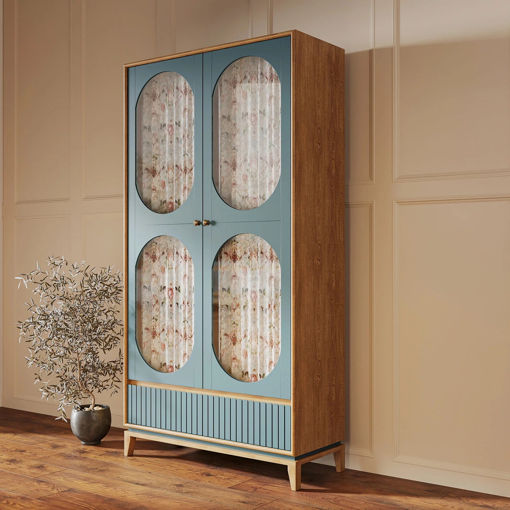 Modern 2 Door Wooden Wardrobe with Floral Fabric Panels | Premium Blue Bedroom Almirah | Scandinavian Storage Cabinet