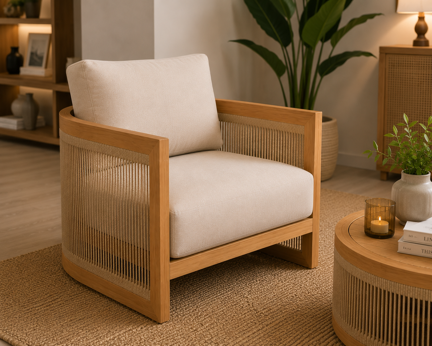 Modern Wooden Cane Accent Chair | Solid Wood Single Seater Sofa | Upholstered Lounge Chair for Living Room OUCH CART