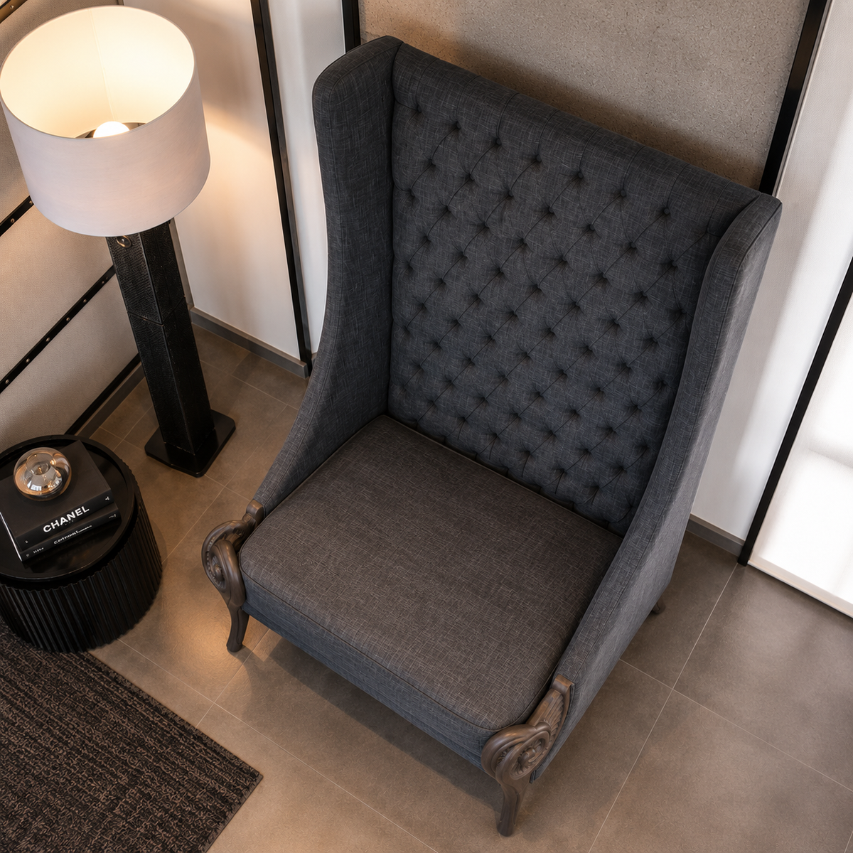 Tufted High Back Accent Chair with Carved Wooden Arms | Upholstered Living Room Lounge Chair OUCH CART