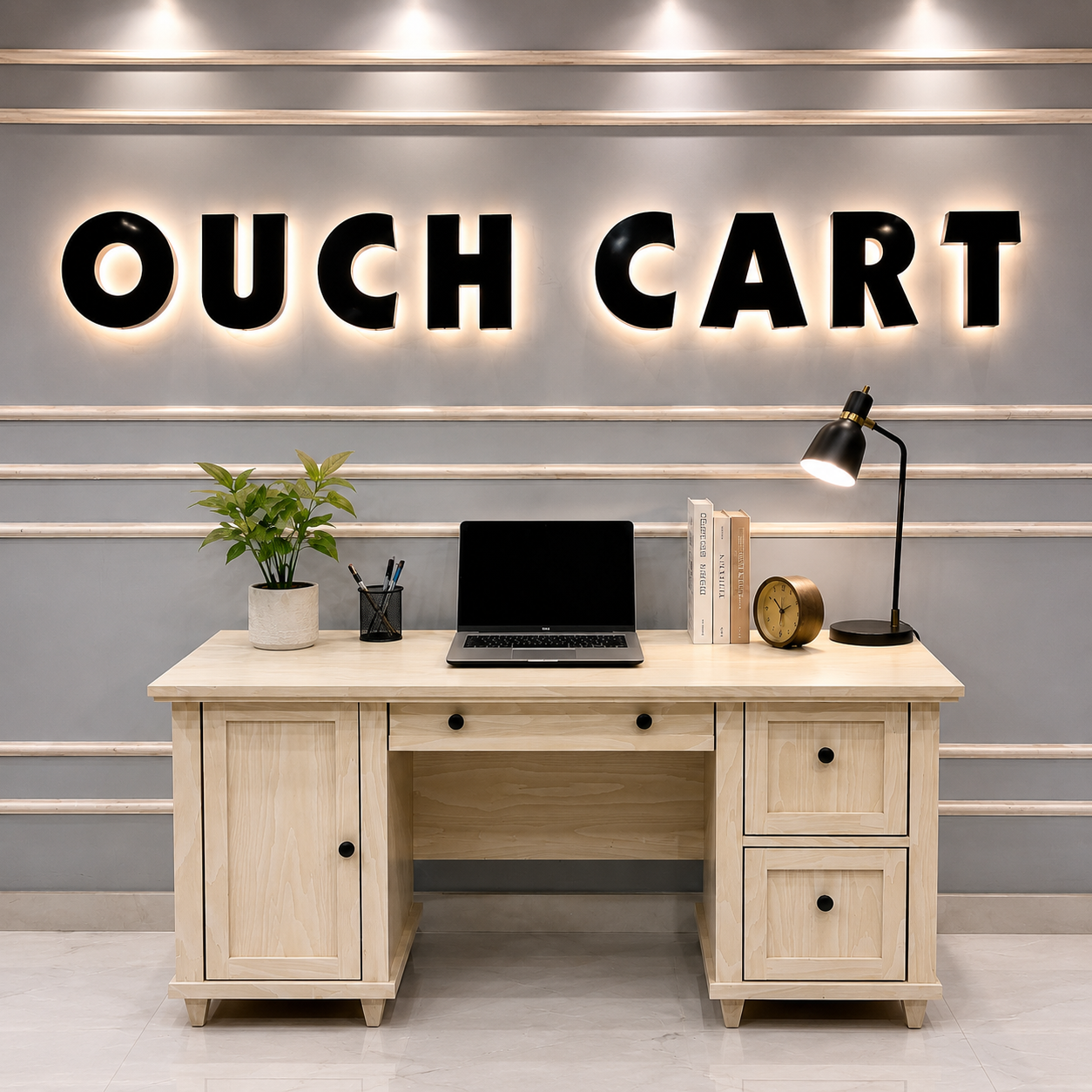 Modern Wooden Office Desk with Storage Cabinet & File Drawers