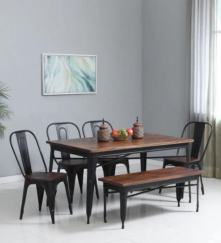 Metal 6 Seater Dining Set In Scratch Resistant Black Colour With Bench - Ouch Cart