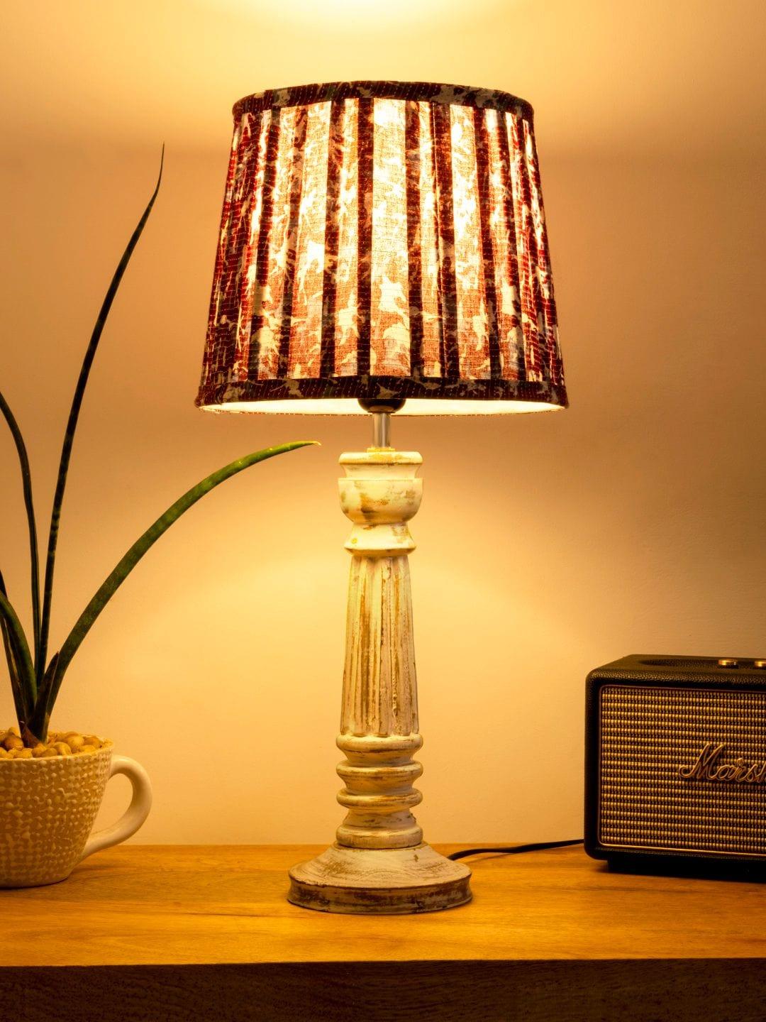 Wooden Pillar White lamp with pleeted Colorful Soft Shade - Ouch Cart