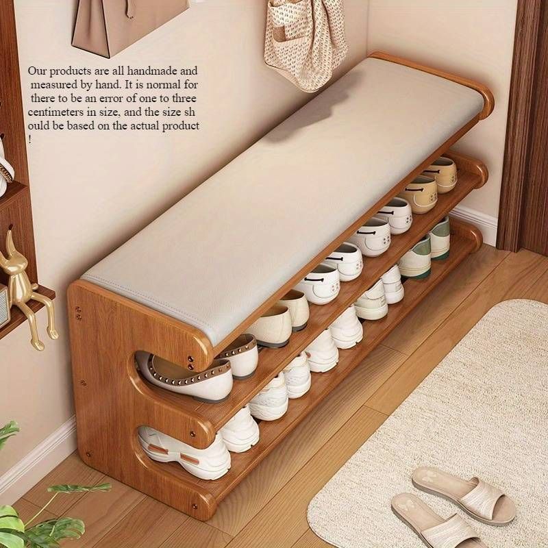 Wooden Shoe Rack Bench with Cushioned Seat | 4-Tier Open Shoe Storage Organizer | Entryway Shoe Shelf for Hallway, Bedroom & Living Room