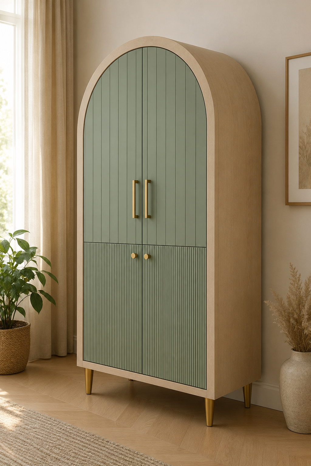 Modern Arched Wooden Wardrobe with Sage Green Doors