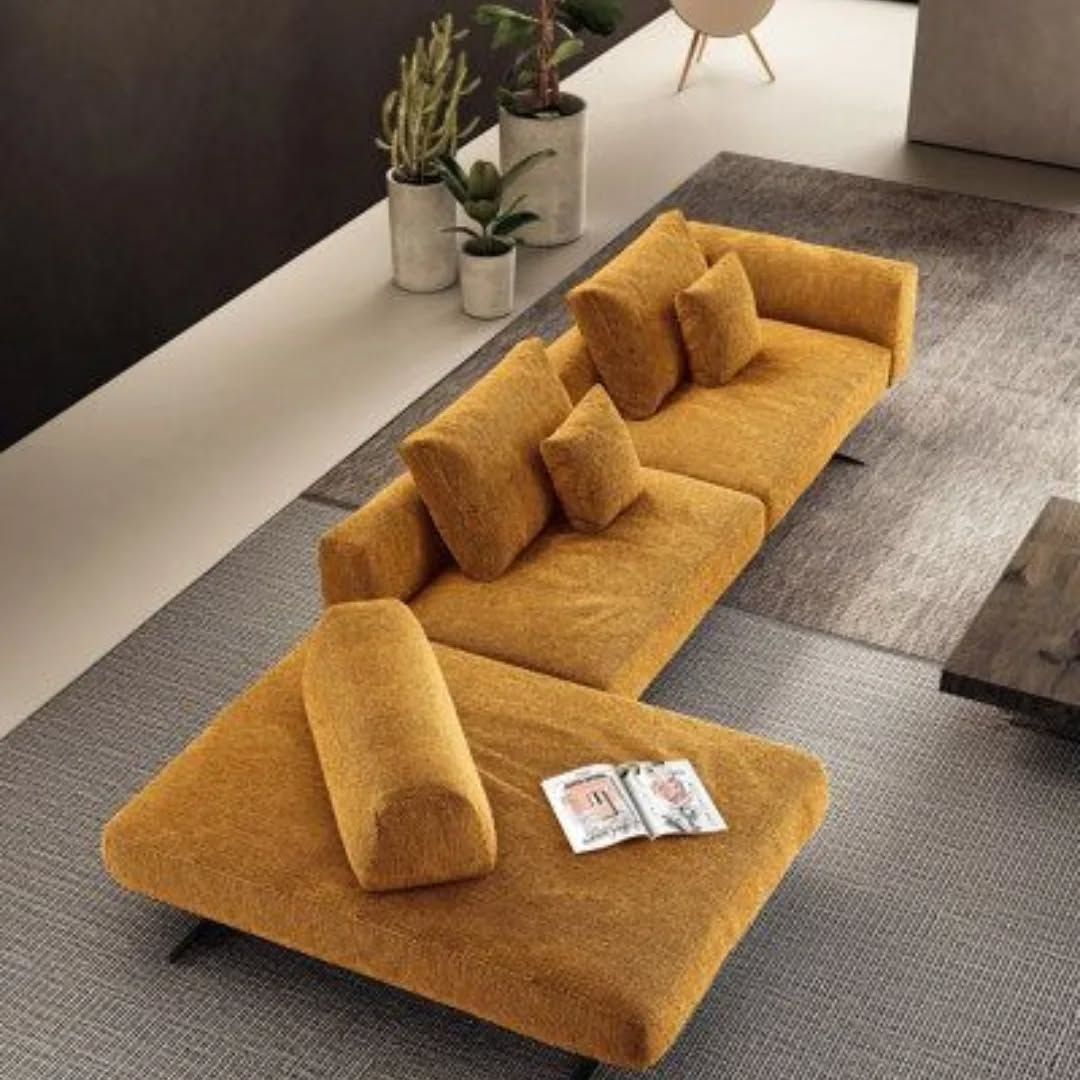 Modern Mustard Bouclé Sectional Sofa | Luxury Modular Fabric Sofa with Metal Legs | Contemporary Living Room Couch OUCH CART