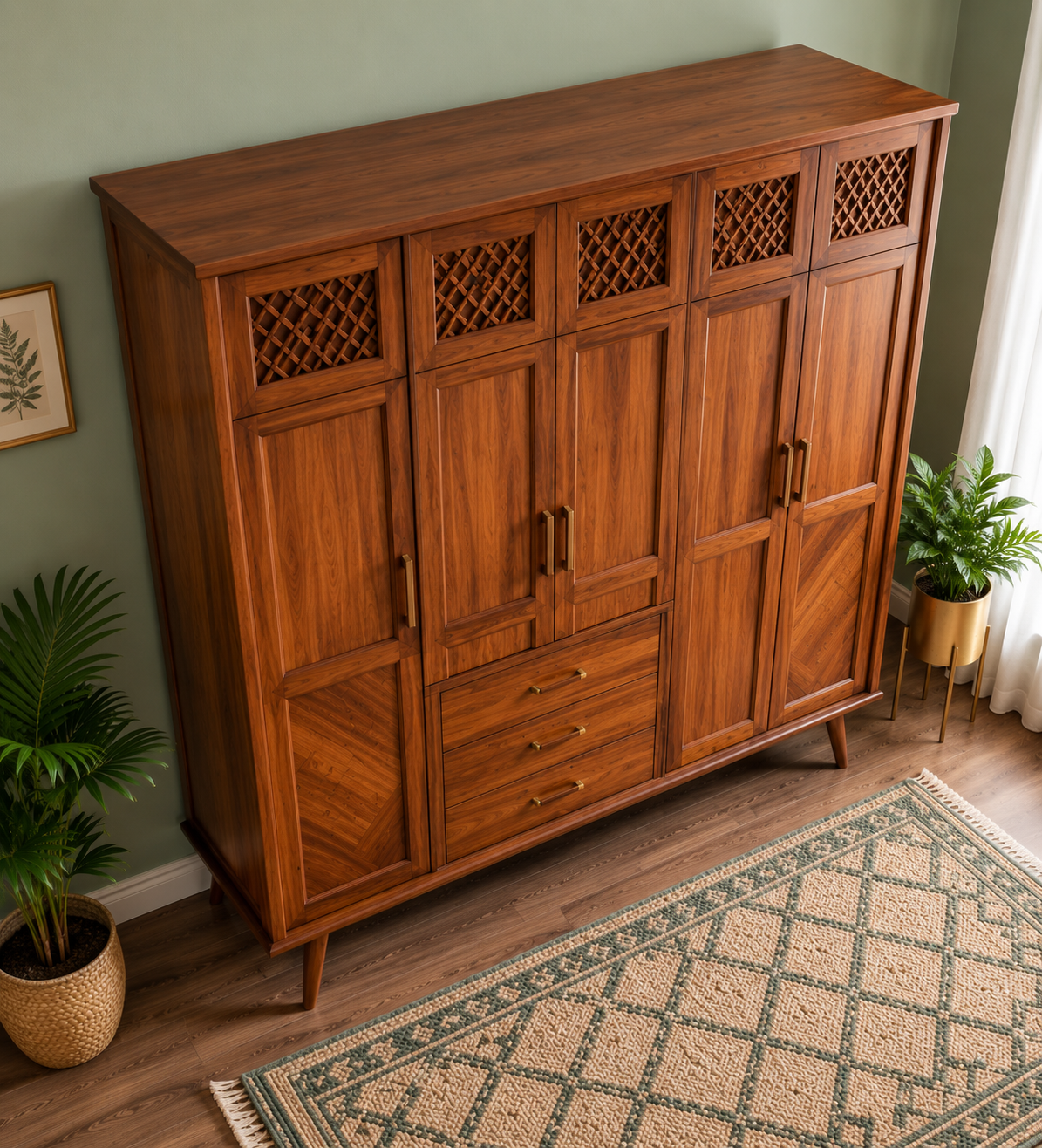 Premium 5 Door Wooden Wardrobe with 3 Drawers | Modern Bedroom Almirah in Walnut Finish | Large Clothes Storage Cabinet OUCH CART