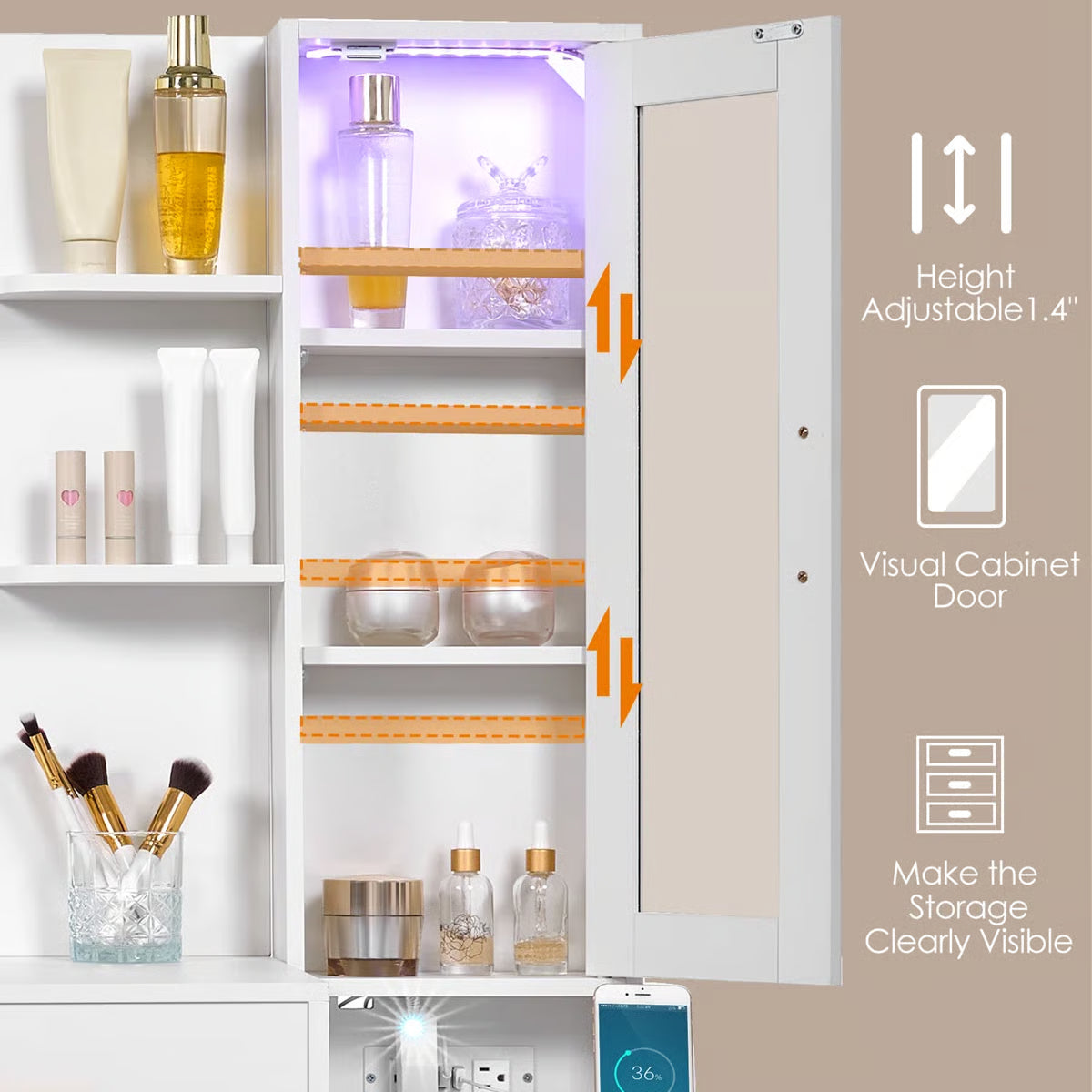 Adriel 51.8" Modern Makeup Vanity with Mirror, LED Lights, and RGB Cabinet Storage