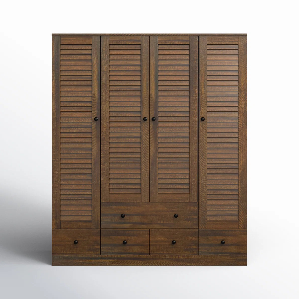 Ardit 59" Wide White Wardrobe with Louvered Doors and 5 Drawers, Freestanding Armoire Closet with Hanging Rods and Shelves