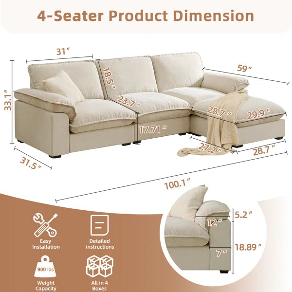 Wide L-Shaped Sofa Comfy Cloud Couch Chenille Upholstered Sofa 4 Seater Sofa For Living Room Ouch Cart