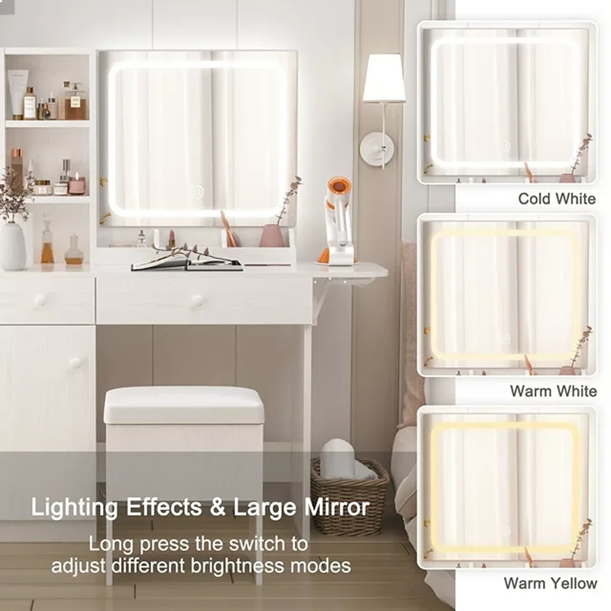 Vanity Desk with LED Lighted Mirror, Power Outlet, 2 Drawers, 3 Cubbies & Bookcase Storage for Bedroom