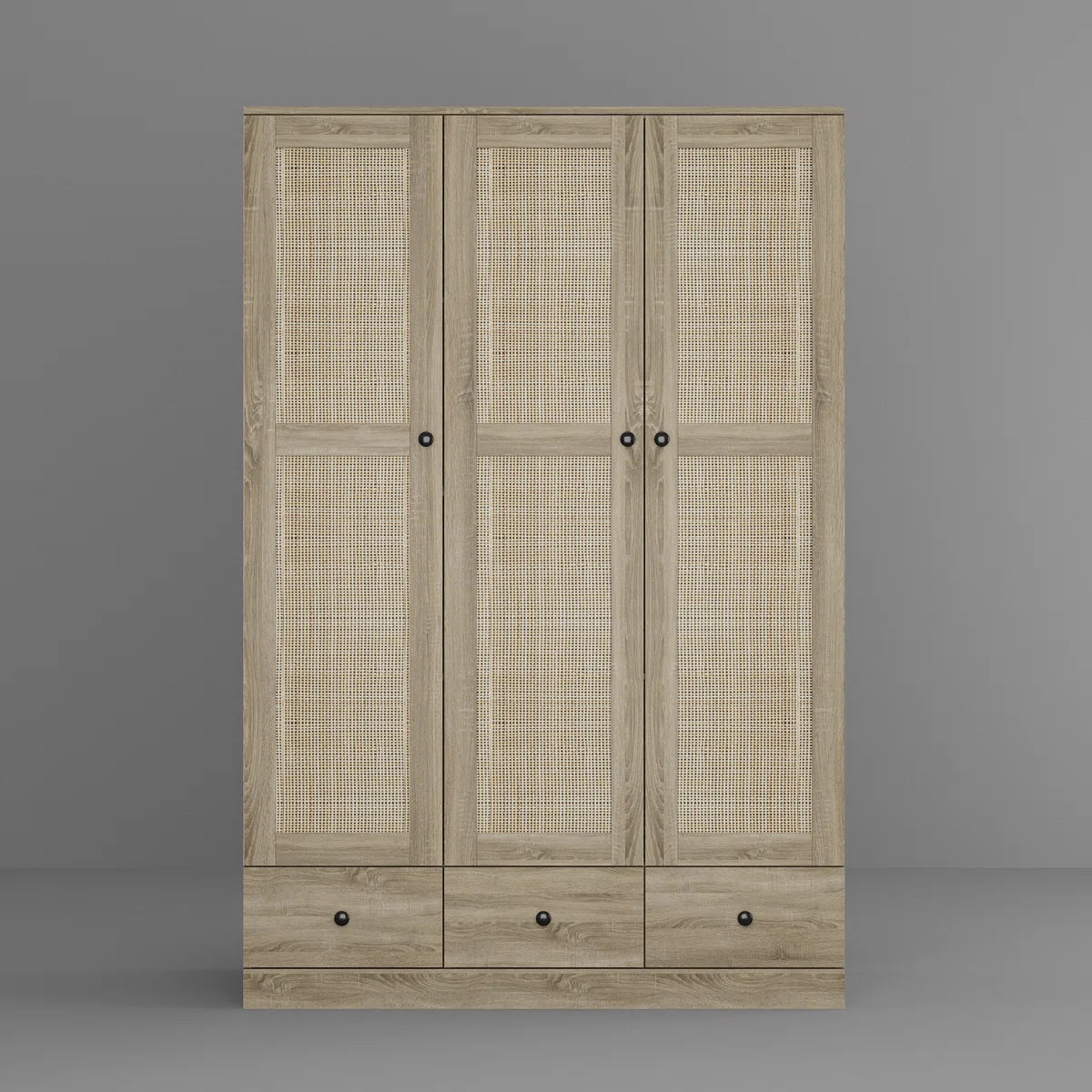 3-Door Wardrobe Modern Rattan Panels Bedroom Storage Drawers Adjustable Shelving-OUCH CART | Wardrobe