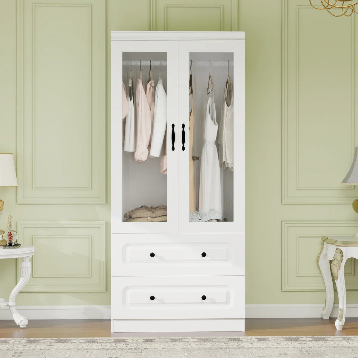Modern White 8-Door Wardrobe Closet Armoire Glass Doors Deep Drawers