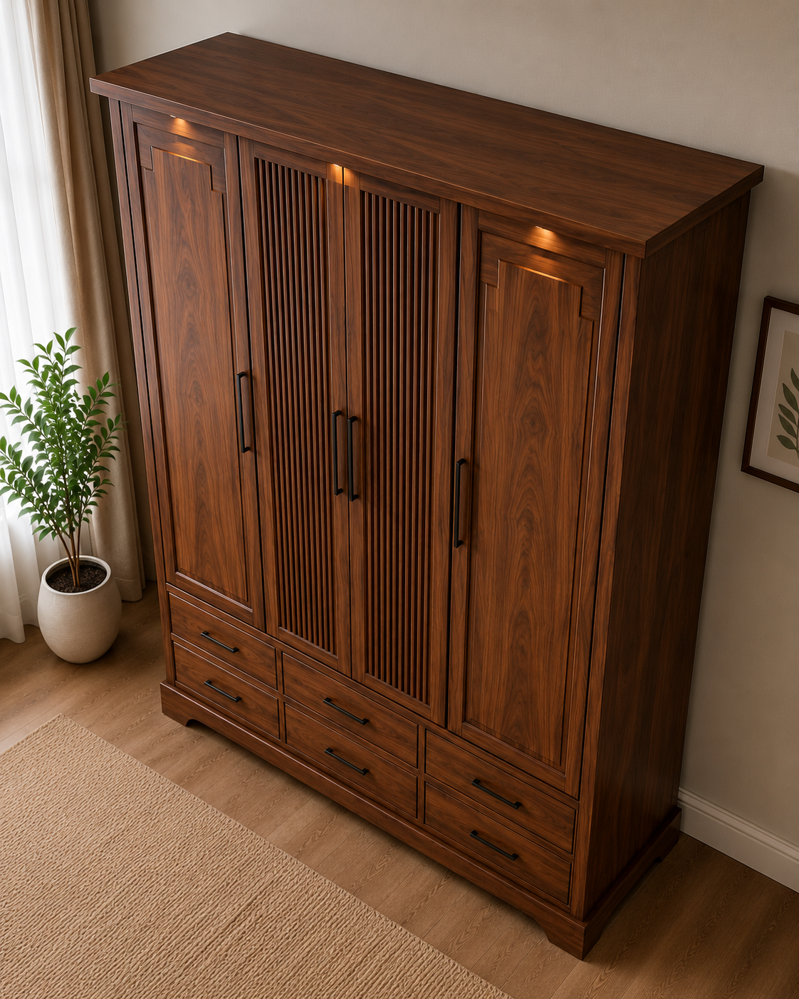 Modern 4 Door Wooden Wardrobe with 6 Storage Drawers OUCH CART