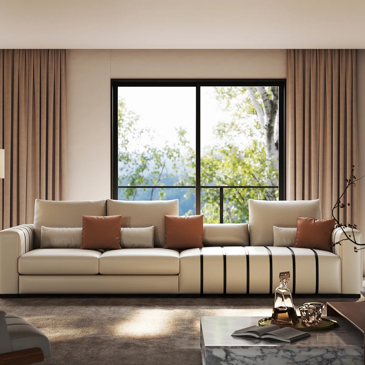 Large Modern Sofa Couch with Pillows, Cream Faux Leather Upholstered Sofa with Solid Wood Frame OUCH CART