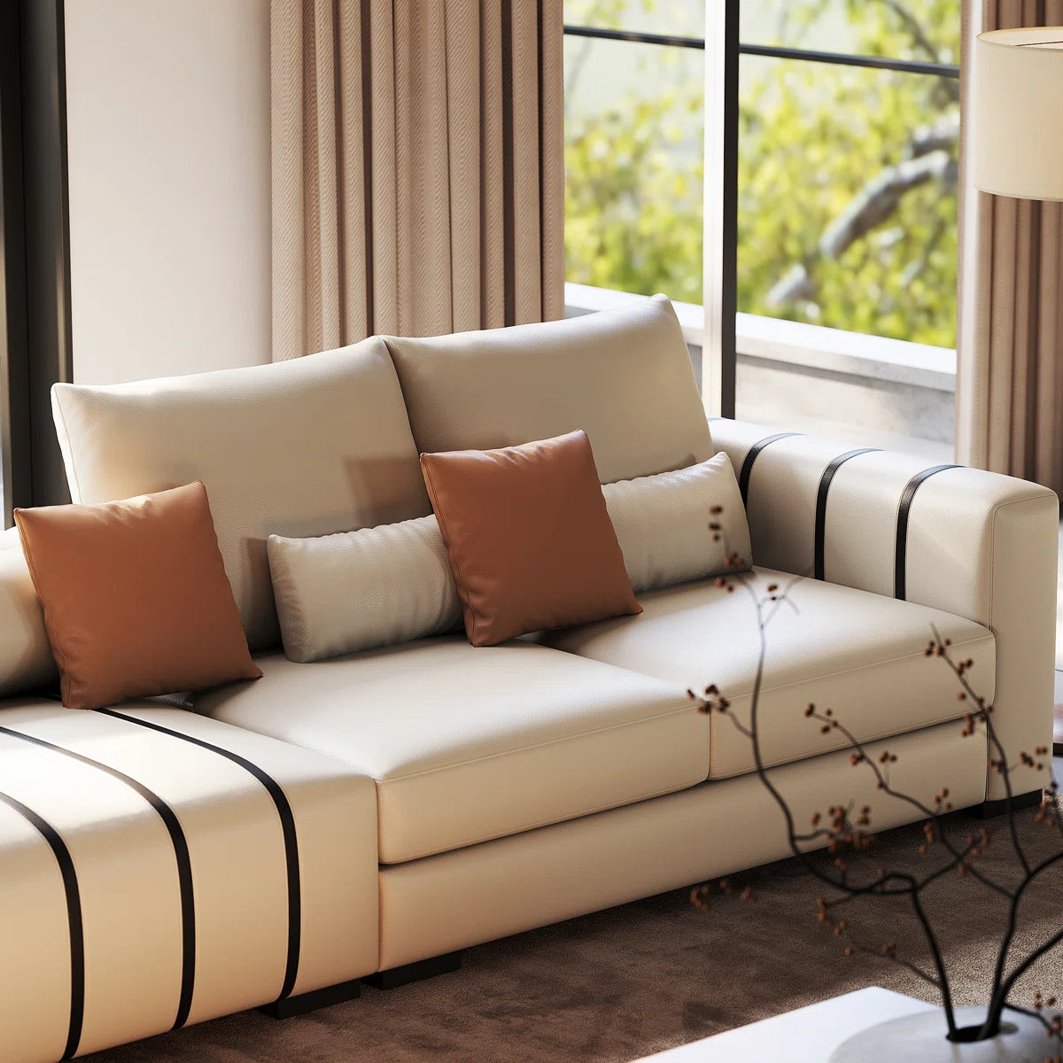 Large Modern Sofa Couch with Pillows, Cream Faux Leather Upholstered Sofa with Solid Wood Frame OUCH CART