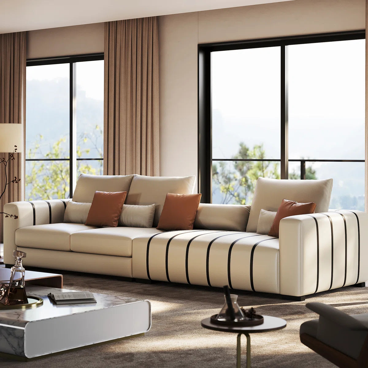 Large Modern Sofa Couch with Pillows, Cream Faux Leather Upholstered Sofa with Solid Wood Frame OUCH CART