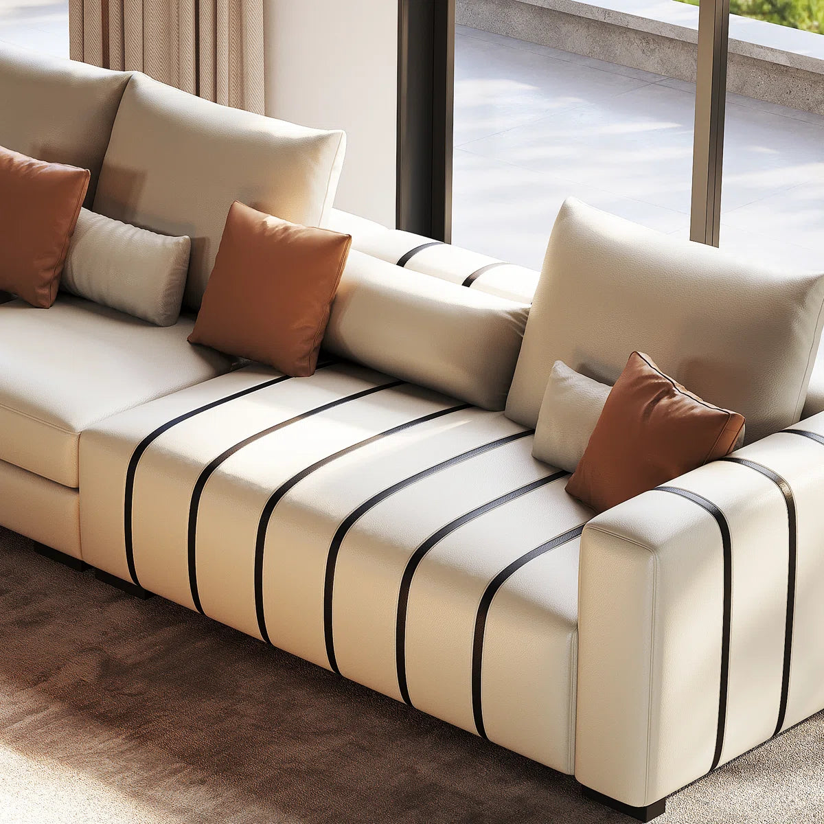 Large Modern Sofa Couch with Pillows, Cream Faux Leather Upholstered Sofa with Solid Wood Frame OUCH CART