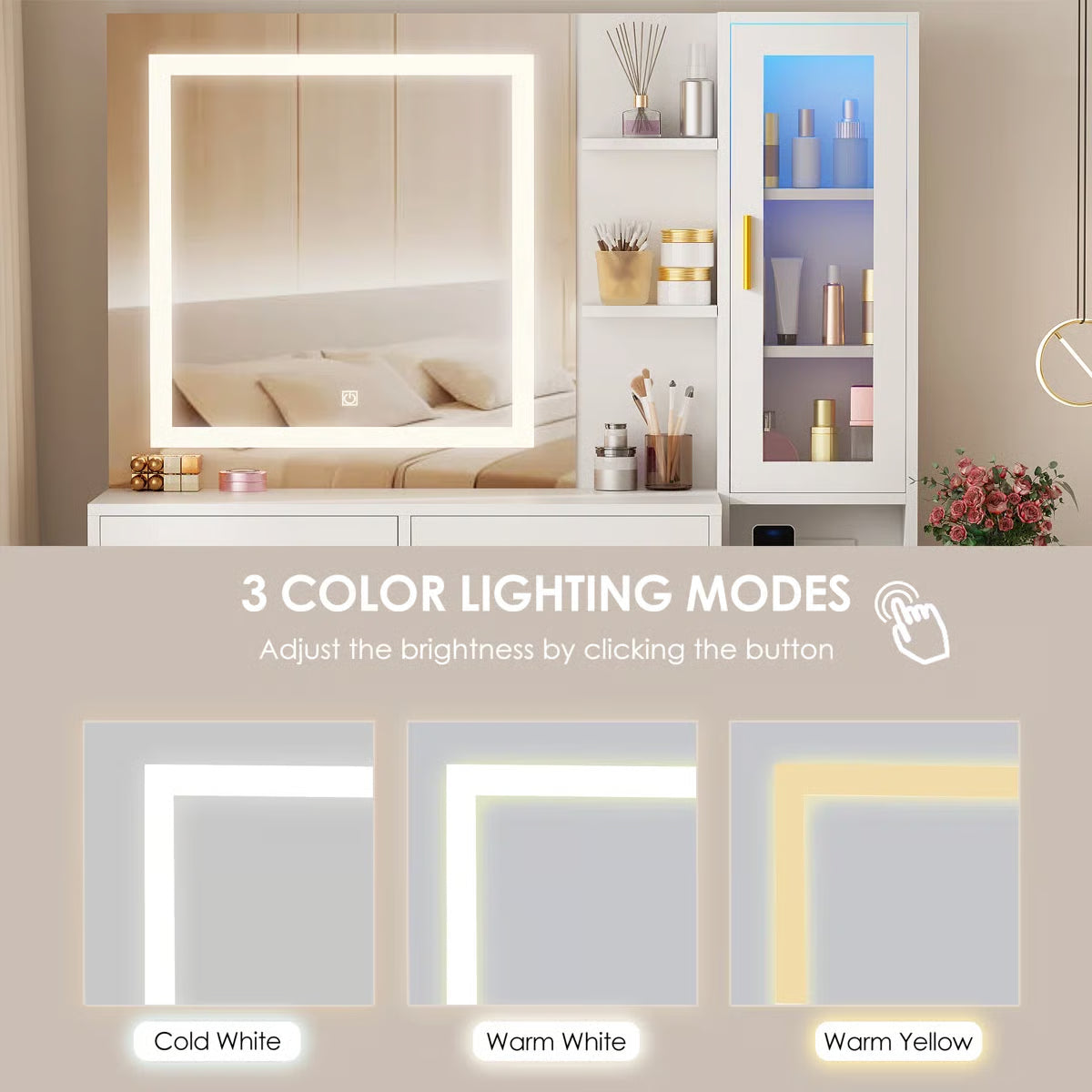 Adriel 51.8" Modern Makeup Vanity with Mirror, LED Lights, and RGB Cabinet Storage