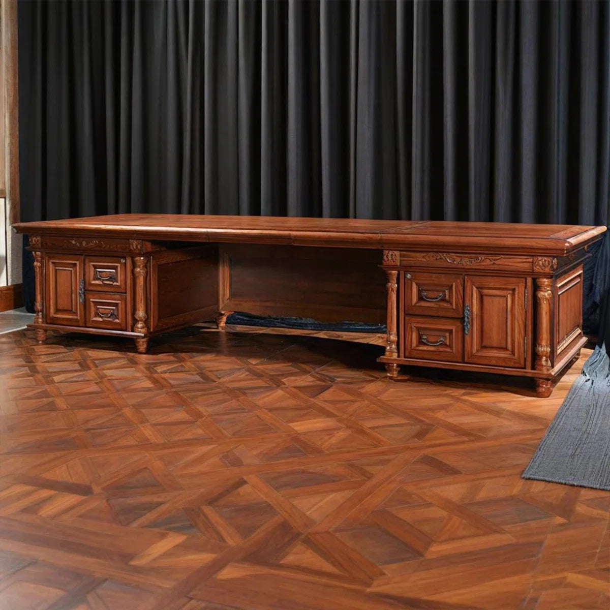 Ouch Cart Luxury Executive Writing Desk | Extra-Wide Carved Wooden Office Table with Antique Brass Details OUCH CART