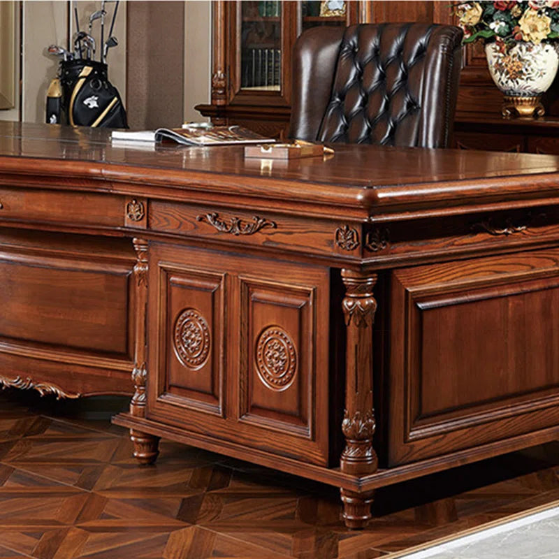 Ouch Cart Luxury Executive Writing Desk | Extra-Wide Carved Wooden Office Table with Antique Brass Details OUCH CART