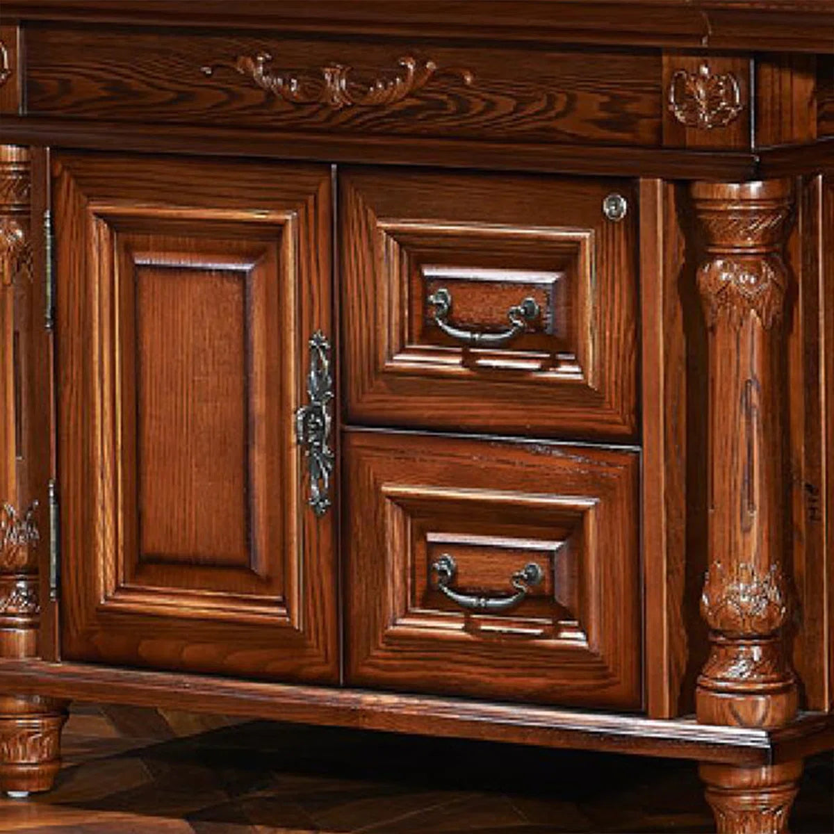 Ouch Cart Luxury Executive Writing Desk | Extra-Wide Carved Wooden Office Table with Antique Brass Details OUCH CART