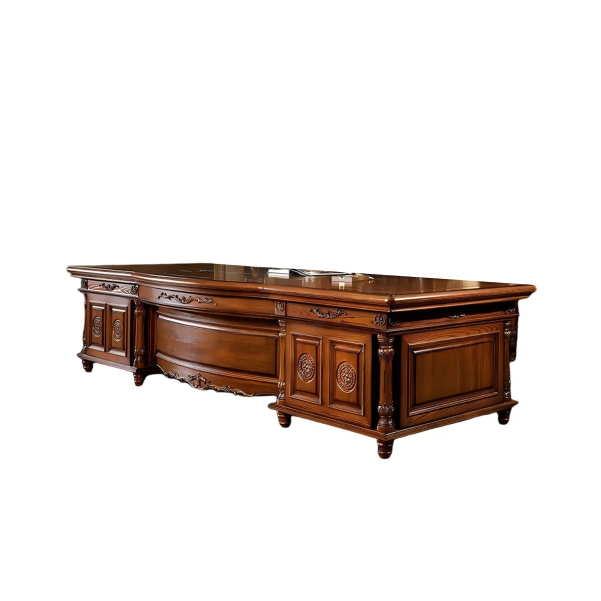 Ouch Cart Luxury Executive Writing Desk | Extra-Wide Carved Wooden Office Table with Antique Brass Details OUCH CART