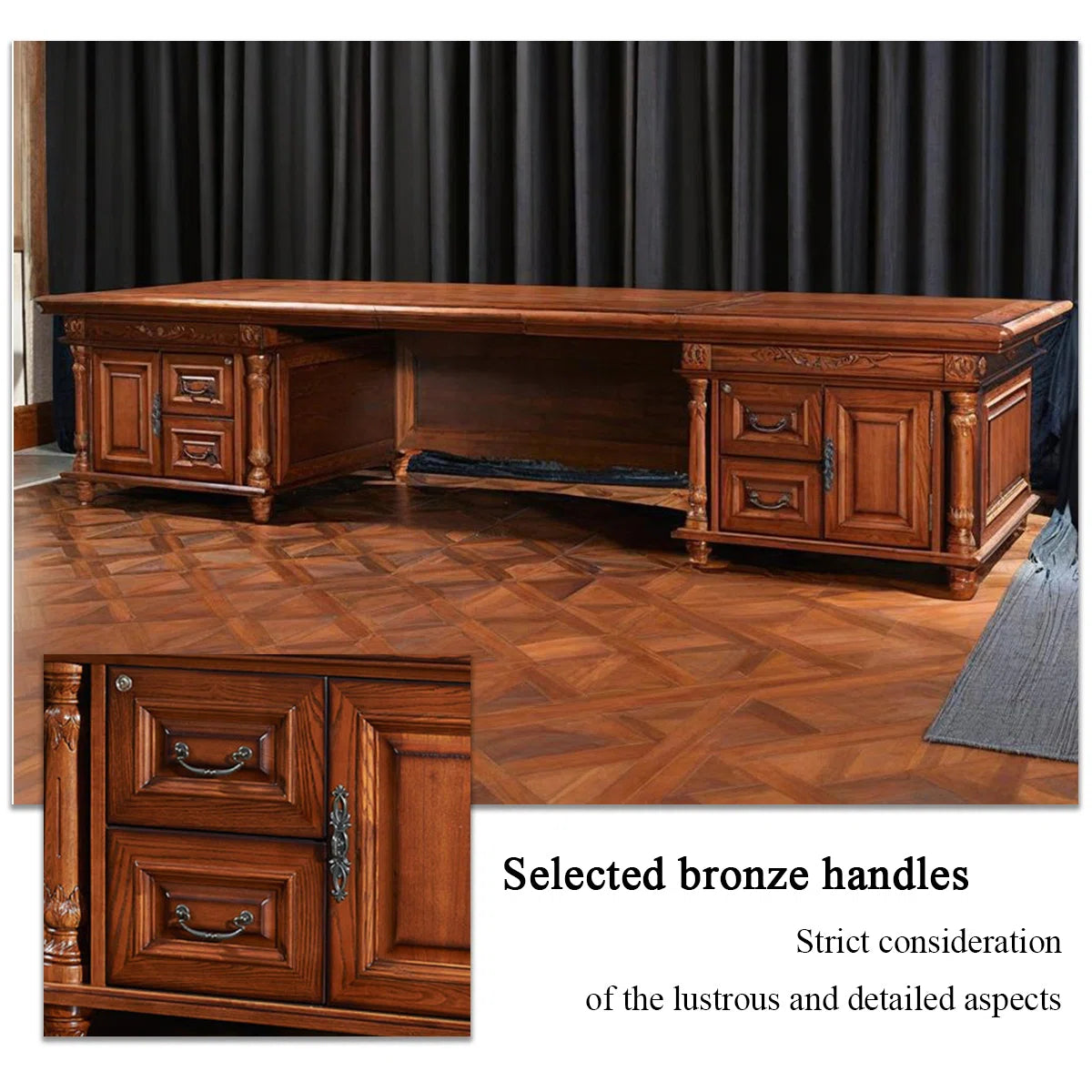 Ouch Cart Luxury Executive Writing Desk | Extra-Wide Carved Wooden Office Table with Antique Brass Details OUCH CART