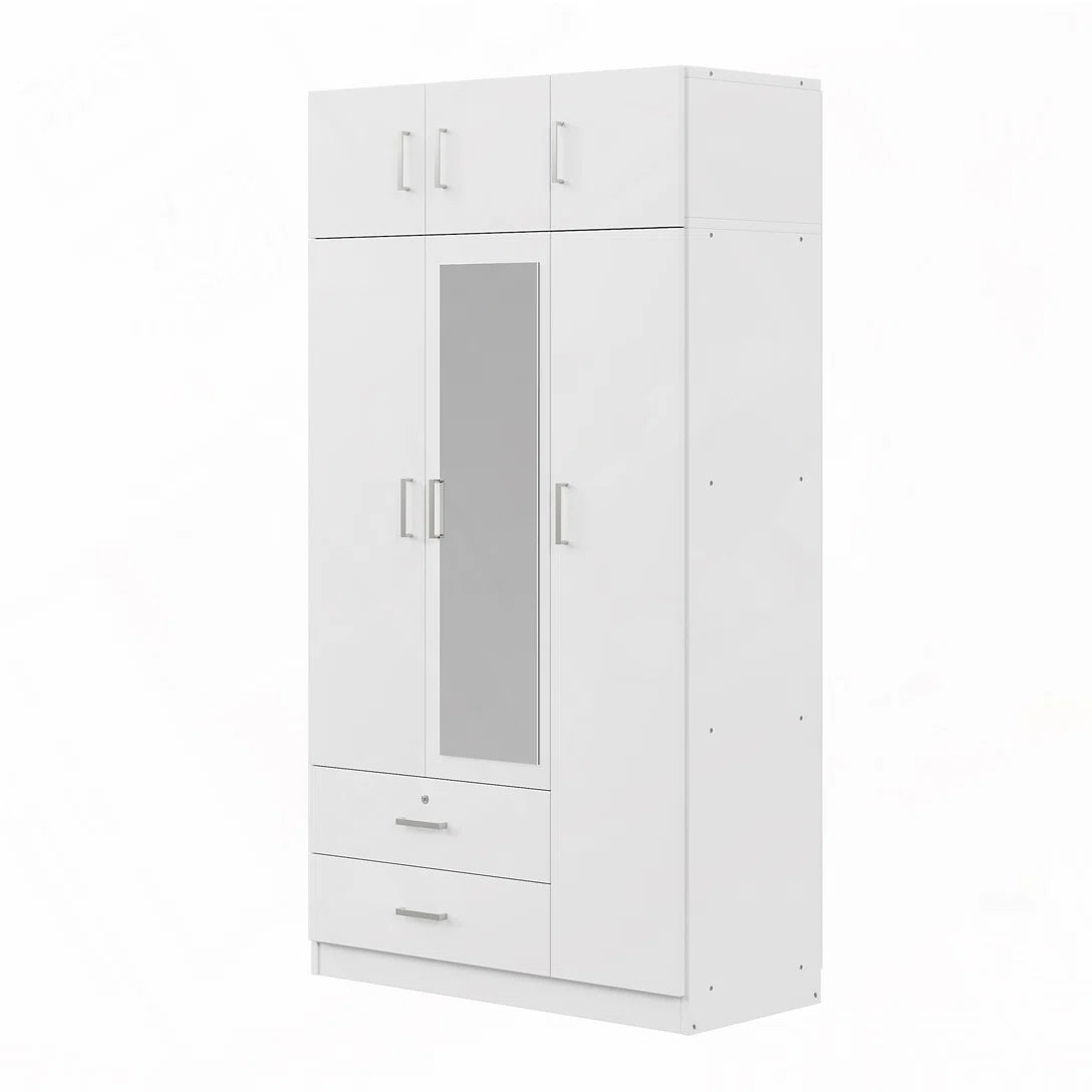 Izzat Solid Wood Wardrobe – Freestanding Armoire with Built-In Mirror & Top Cabinet