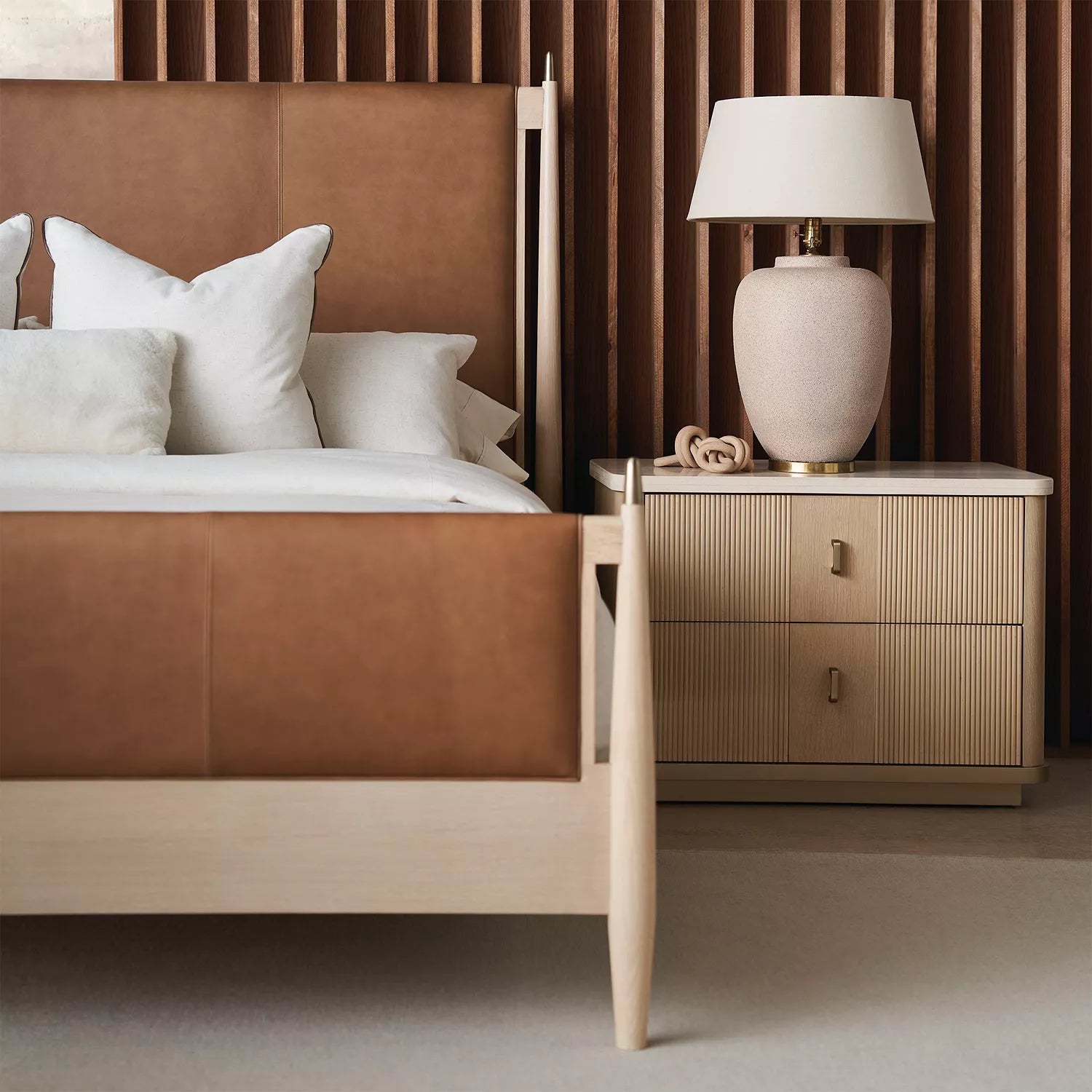 Modern 2 Drawer Wooden Bedside Table with Fluted Design