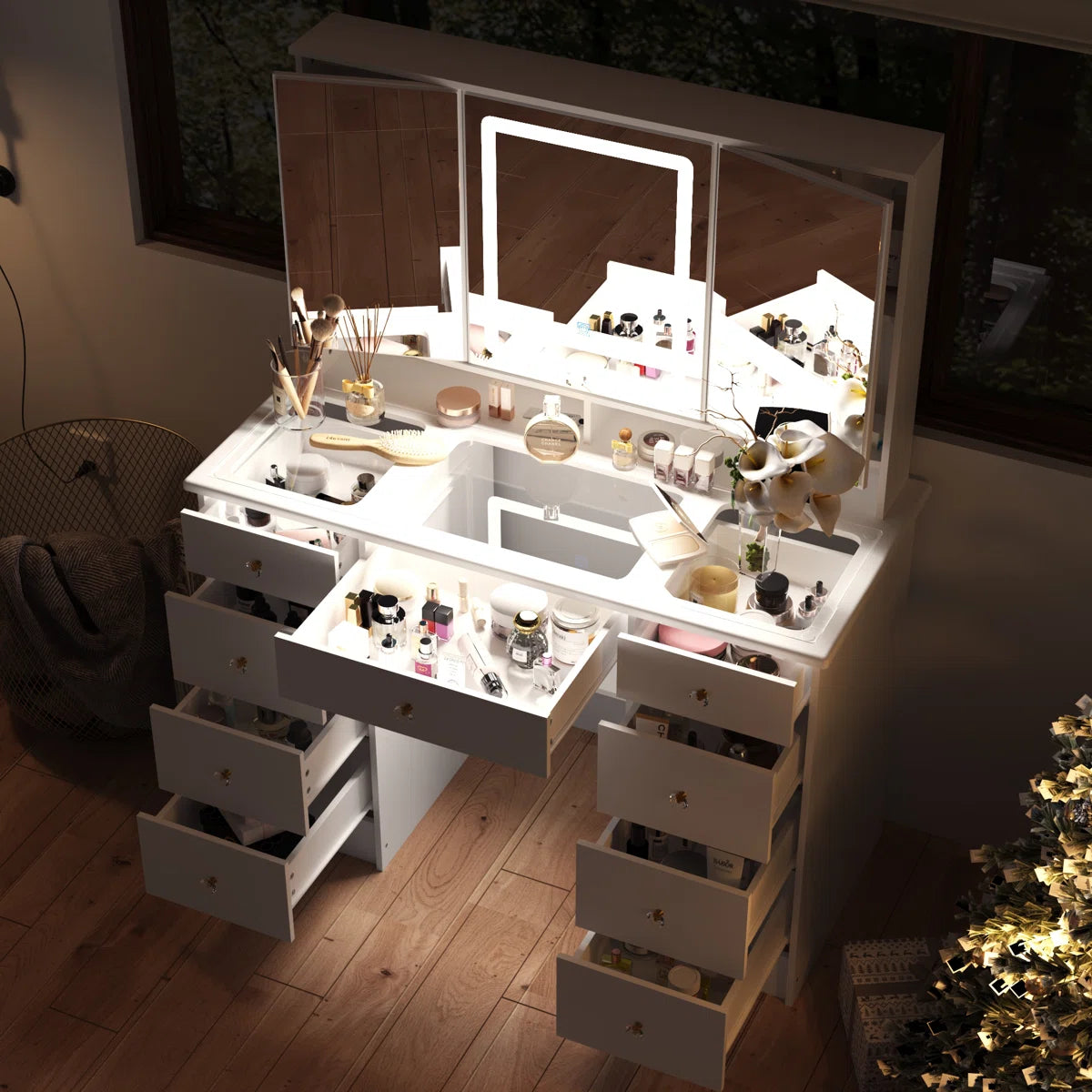 Luxury Makeup Vanity Desk with LED Lights and Storage