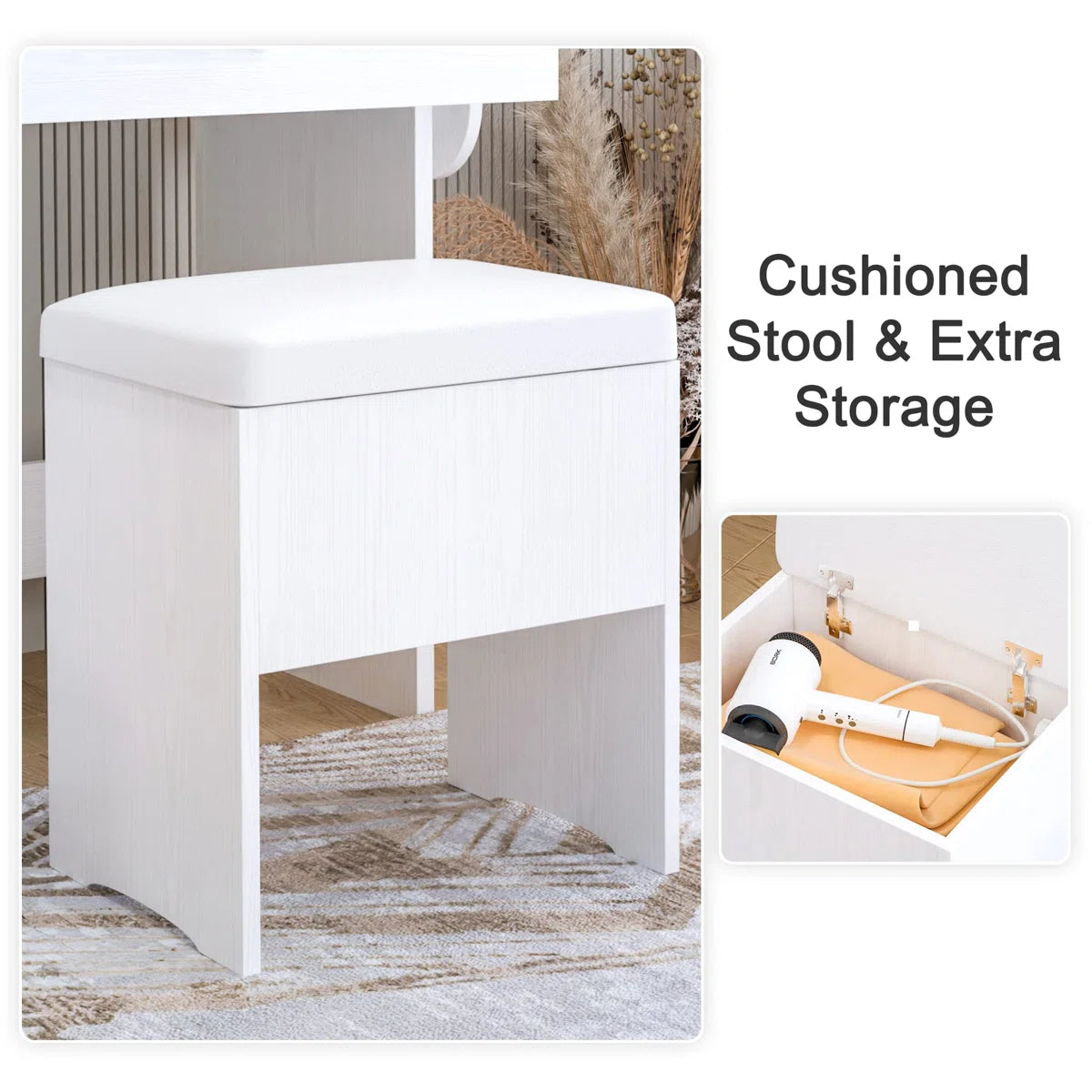 Vanity Desk with LED Lighted Mirror, Power Outlet, 2 Drawers, 3 Cubbies & Bookcase Storage for Bedroom