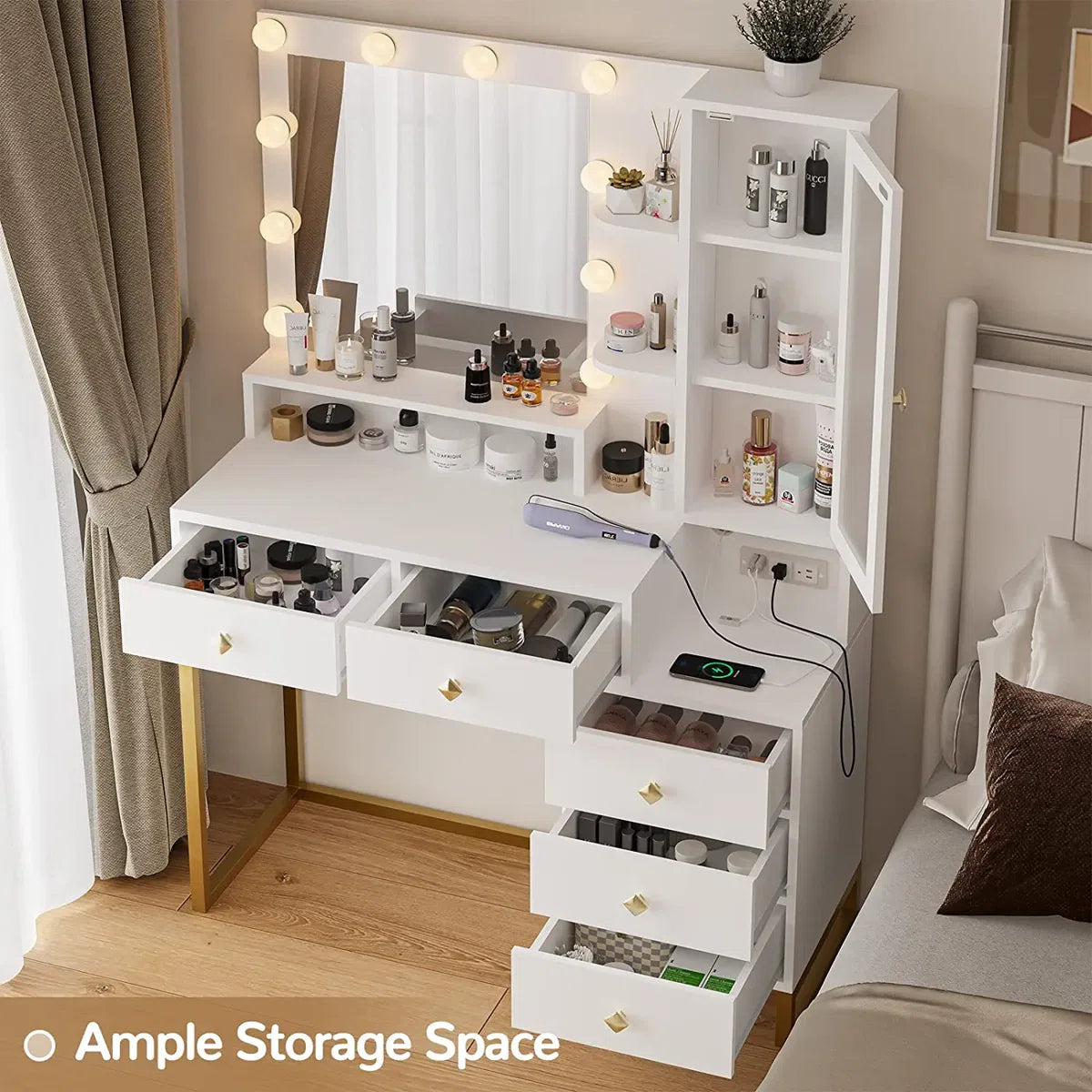 Stylish Dufault Vanity Table with Mirror and Bedroom Storage