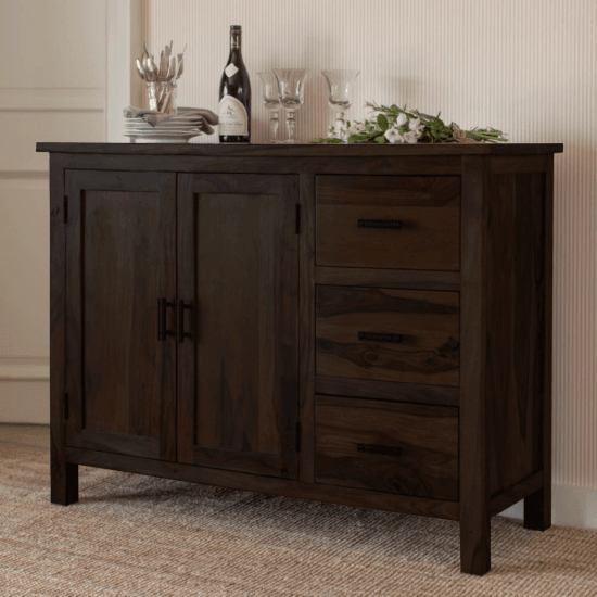 Brisbane Sheesham Wood Storage Cabinet with Three Drawer (Walnut Finish) - Ouch Cart