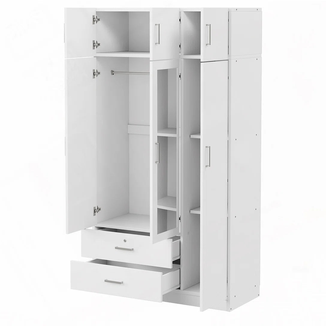 Izzat Solid Wood Wardrobe – Freestanding Armoire with Built-In Mirror & Top Cabinet
