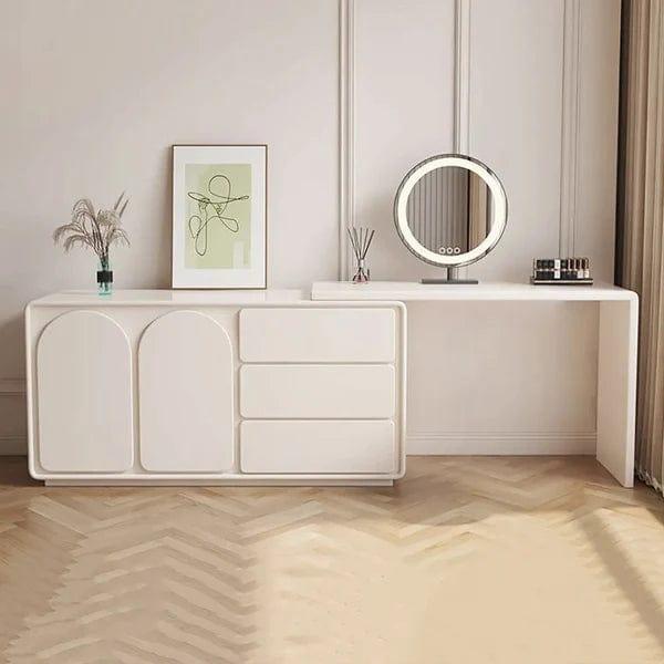Cristobal White Makeup Vanity Retractable Dressing Table Beauty Station with 3 Drawers, Vanity Dressing Table with 4 Drawers, Lighting Adjustable Brightness, Large Vanity Table Set for Bedroom - Ouch Cart