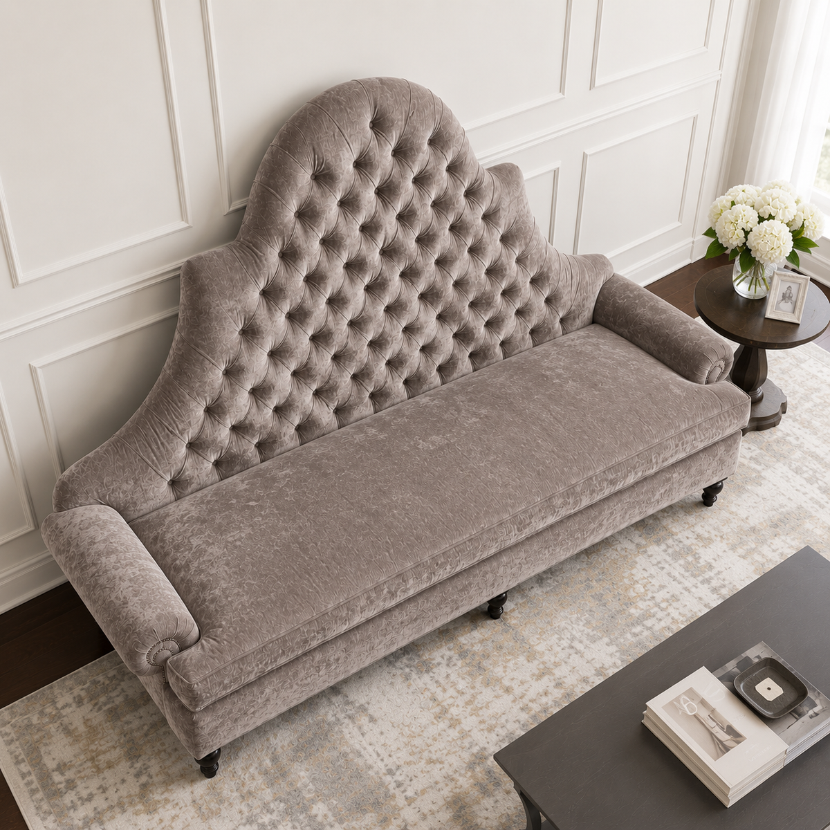 Tufted High Back 2 Seater Sofa with Rolled Arms & Wooden Legs | Elegant Living Room Couch OUCH CART