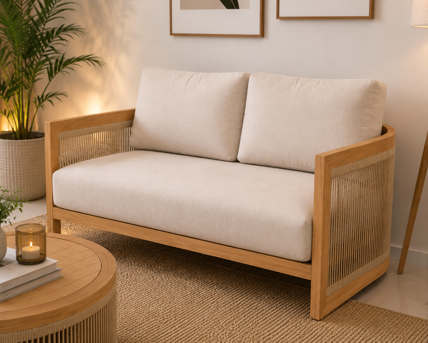 Modern Wooden Cane Accent Chair | Solid Wood Single Seater Sofa | Upholstered Lounge Chair for Living Room OUCH CART