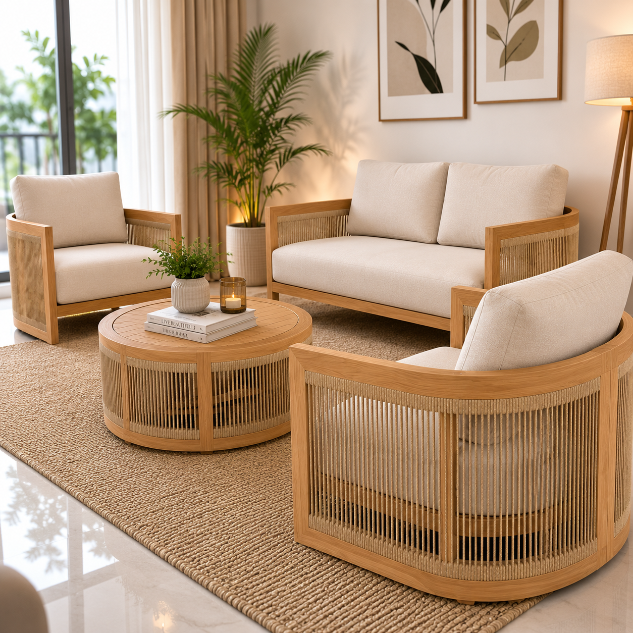 Modern Wooden Cane Accent Chair | Solid Wood Single Seater Sofa | Upholstered Lounge Chair for Living Room OUCH CART