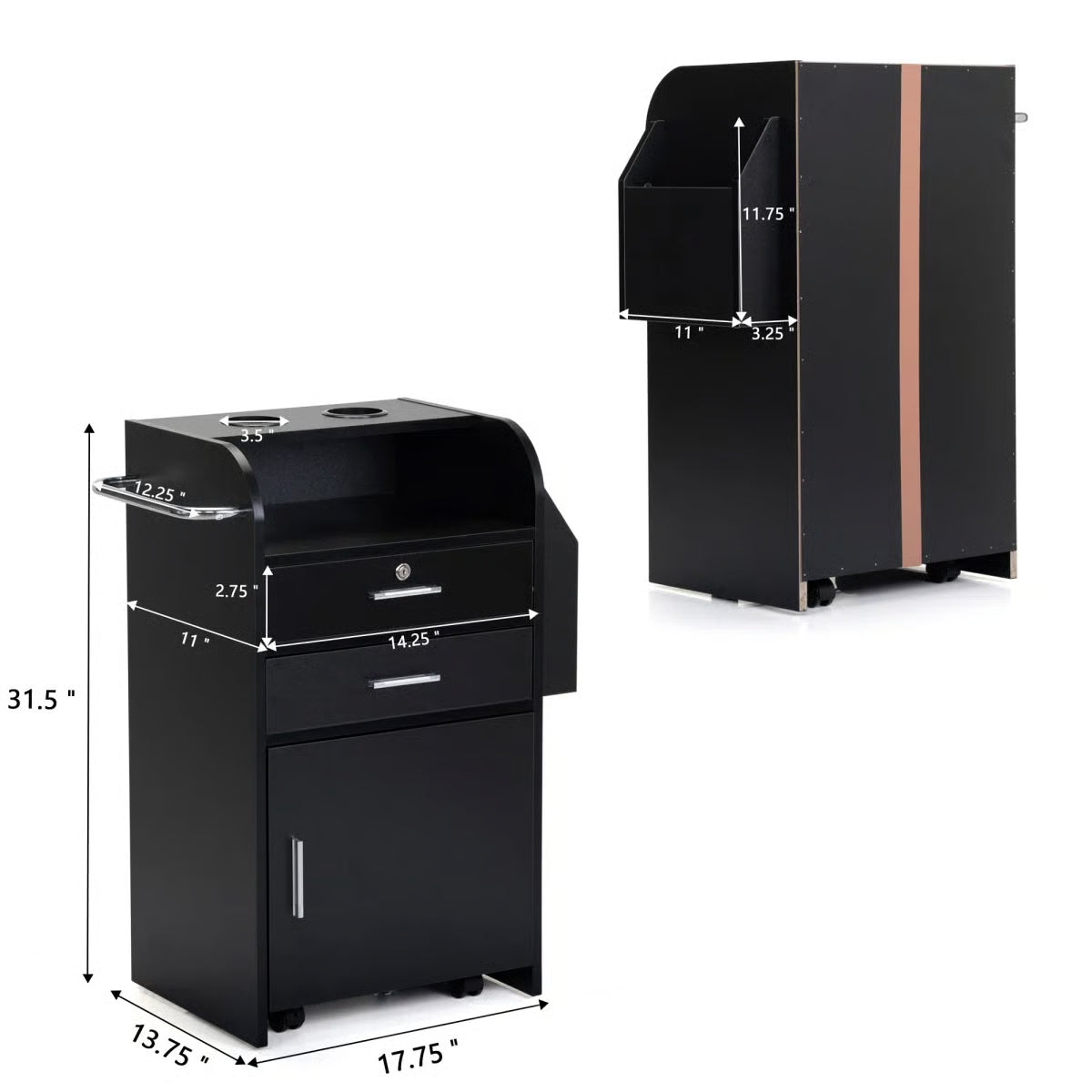 17.75" Modern Italian Beauty Storage Cabinet – Hairdressing Cart with 2 Hair Dryer Holders, Black- OUCH CART | Dressing table