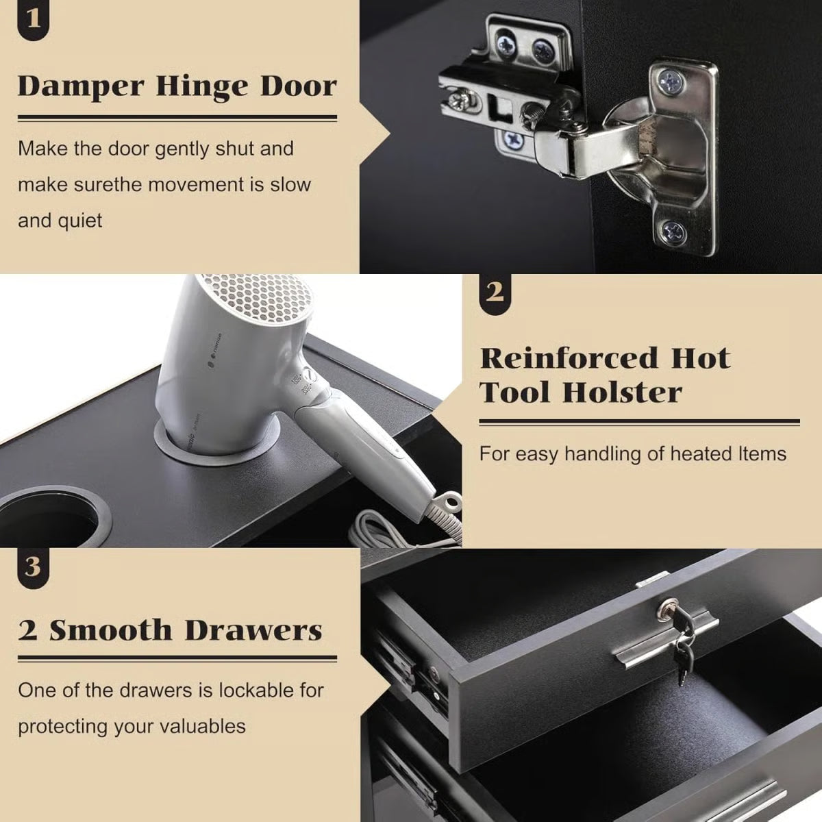 17.75" Modern Italian Beauty Storage Cabinet – Hairdressing Cart with 2 Hair Dryer Holders, Black