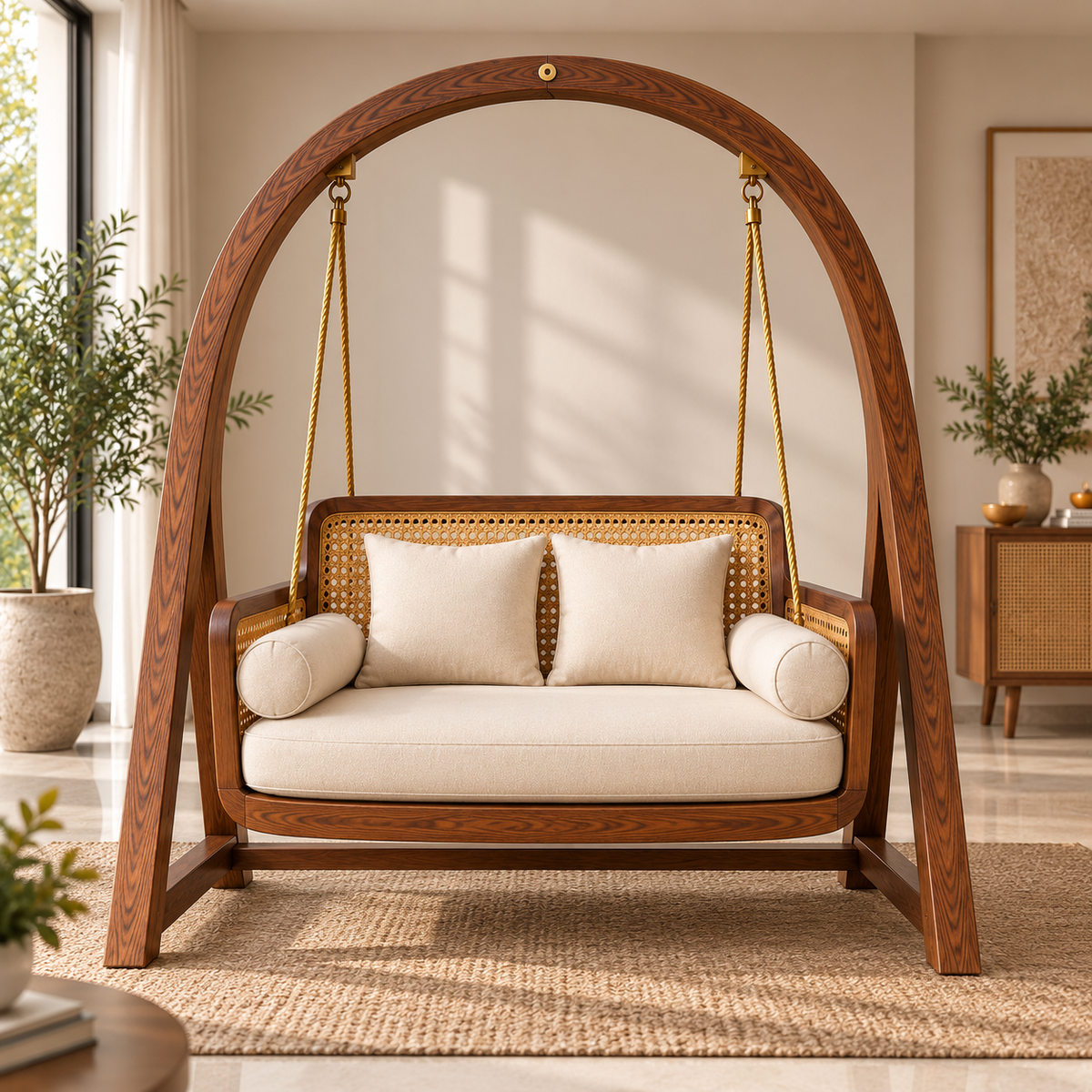 Solid Wood Wooden Swing Chair with Cane Backrest & Cream Cushions