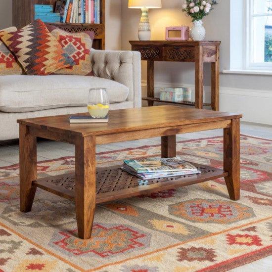 Kansas Carved net Coffee Table in Honey Finish - Ouch Cart
