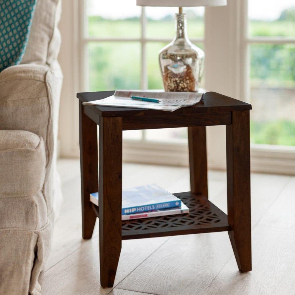 Carved net Side Table in Walnut Finish - Ouch Cart
