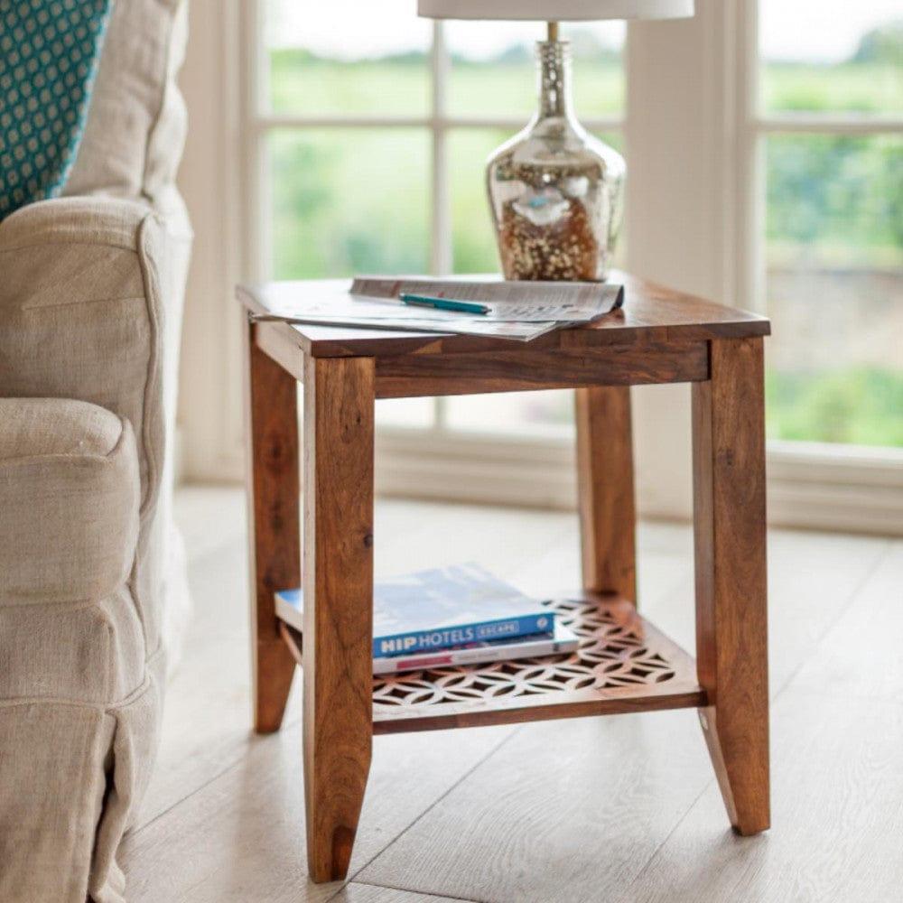 Carved net Side Table in Honey Finish - Ouch Cart