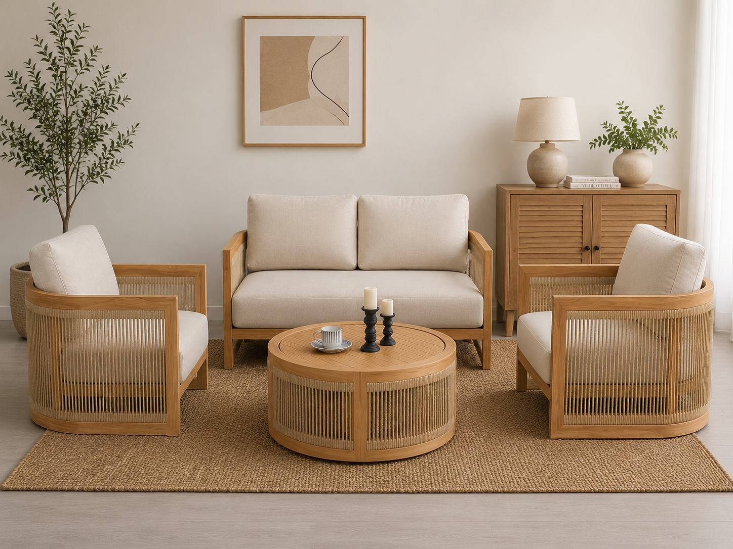 Modern Wooden Cane Accent Chair | Solid Wood Single Seater Sofa | Upholstered Lounge Chair for Living Room OUCH CART