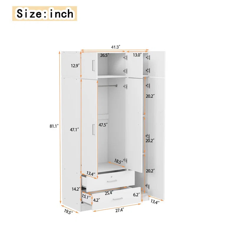 Izzat Solid Wood Wardrobe – Freestanding Armoire with Built-In Mirror & Top Cabinet-OUCH CART | Wardrobe