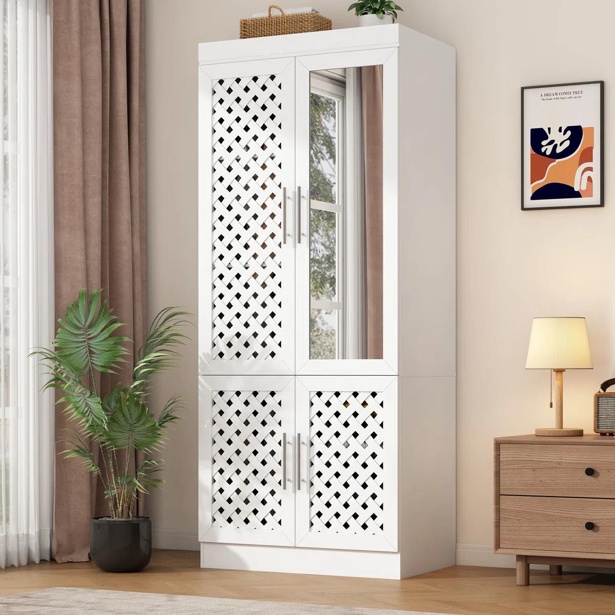 75.6''H Armoire Wardrobe Closet With Sensor Light, Mirror, 3 Woven Doors, And Hanging Rod