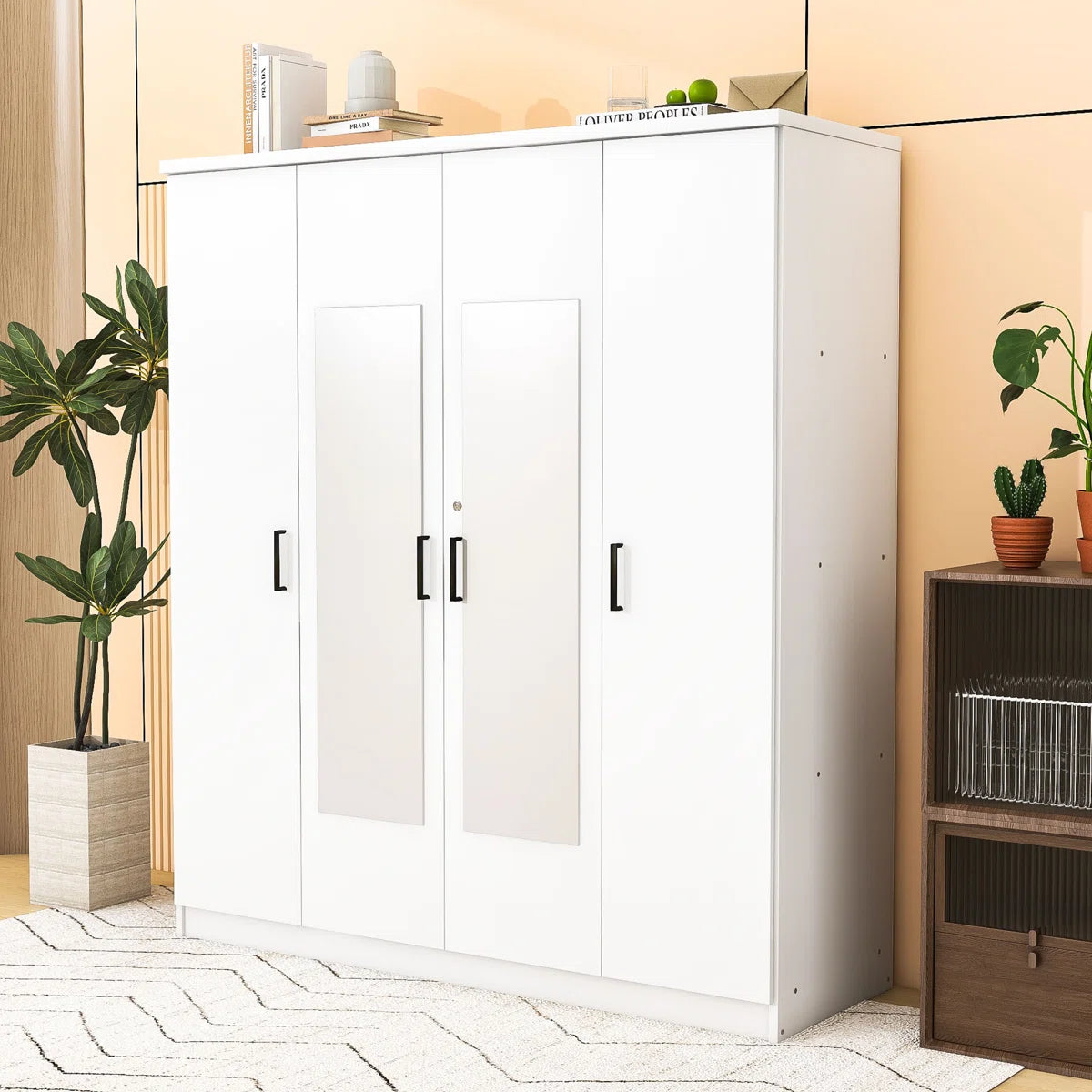 Contemporary Wooden Freestanding Wardrobe with Built-in Mirrors and Lockable Drawer