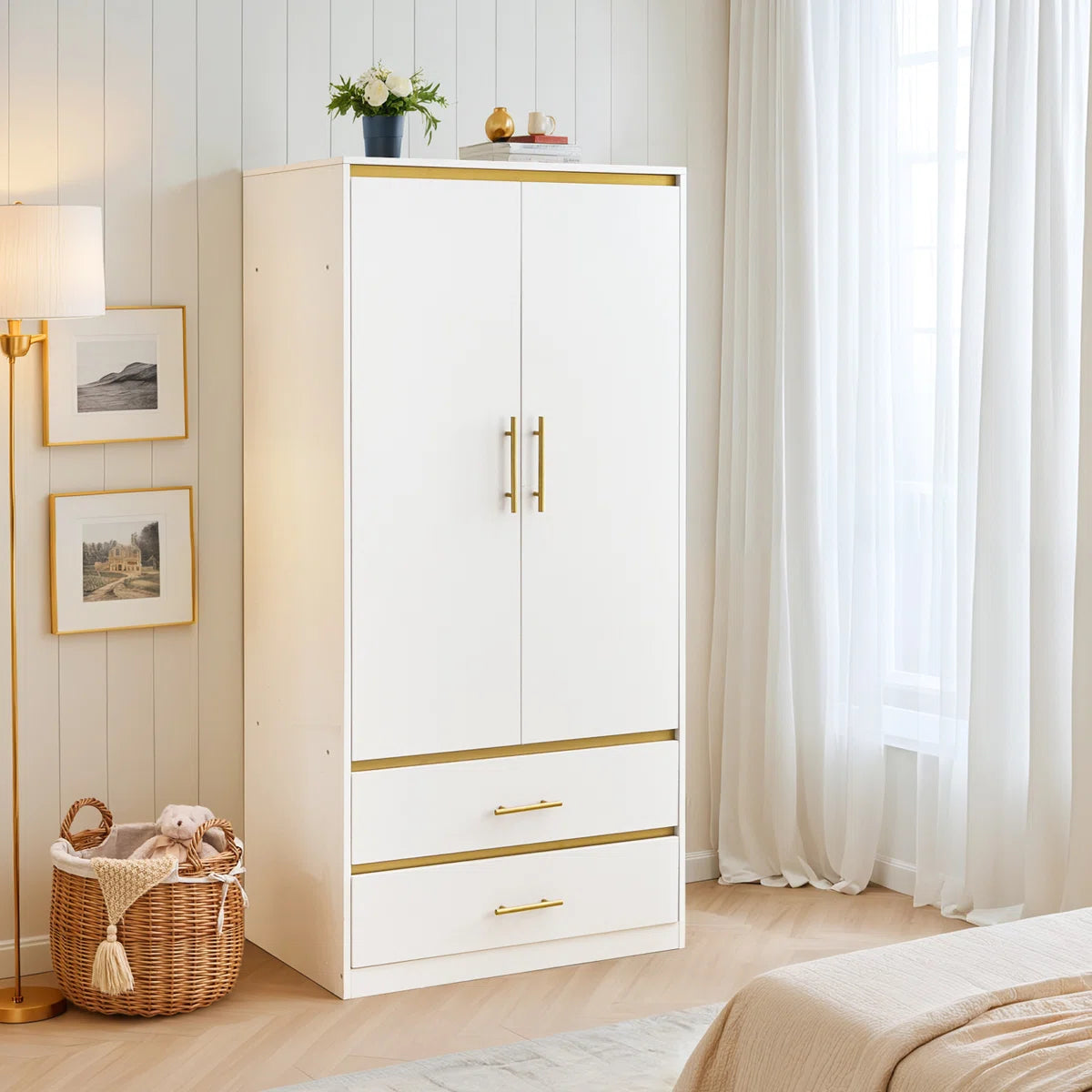 2-Door 66.9'' H Armoire Wardrobe Closet with Hanging Rod and 2 Drawers