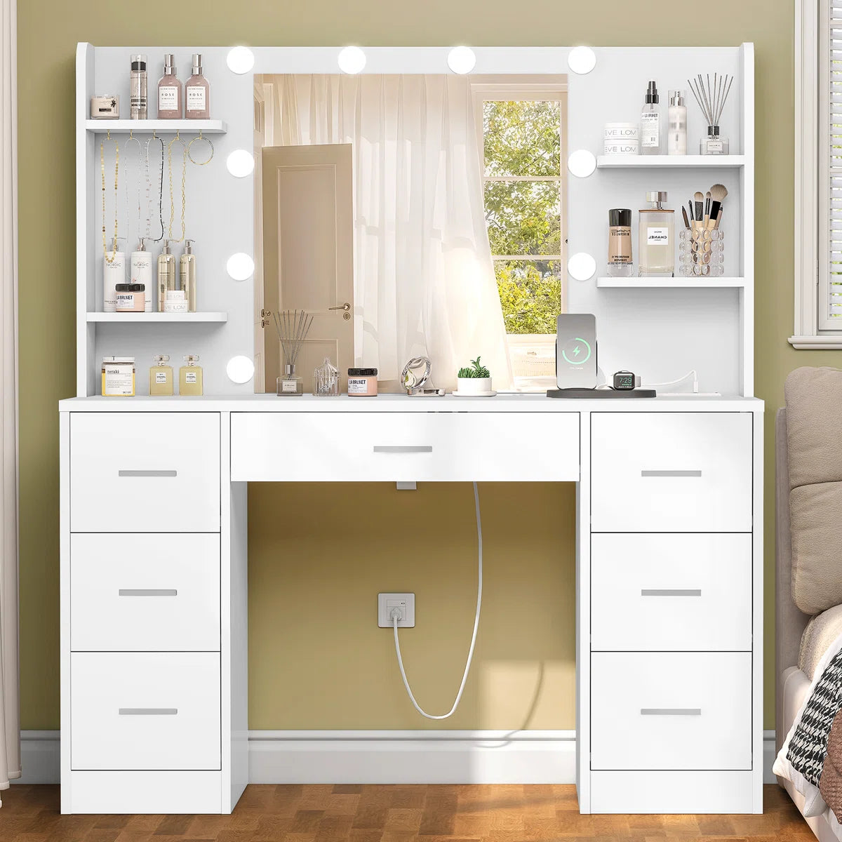 Camyla Large Makeup Vanity Table with LED Mirror, 7 Drawers, 4 Storage Shelves, Jewelry Hooks & Power Outlet-OUCH CART | dressing tables
